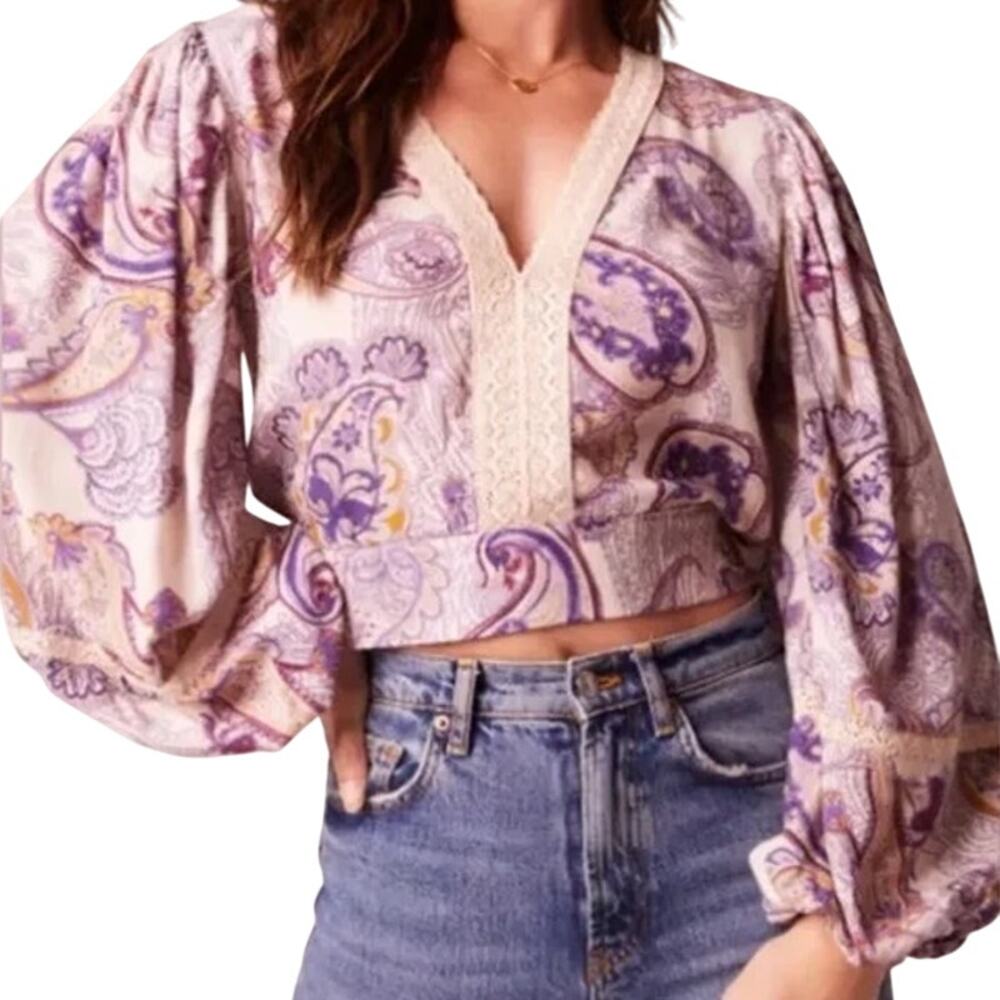Women's Band of the Free Mirabelle Cream & Purple Paisley Lace Crop Top